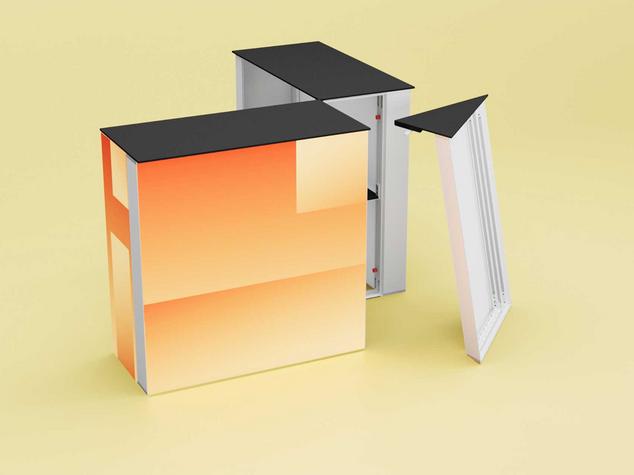 Ein moderner, abstrahierter Möbelcontainer mit einem gradientfarbenen Design.