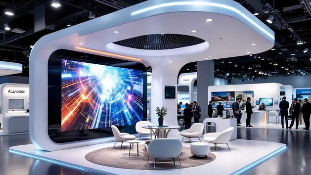 Ein moderner Messestand mit einem grossen Bildschirm und Sitzgelegenheiten.