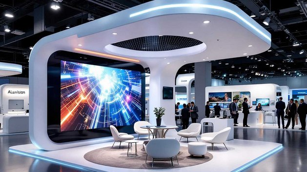 Ein moderner Messestand mit einem grossen Bildschirm und Sitzgelegenheiten.