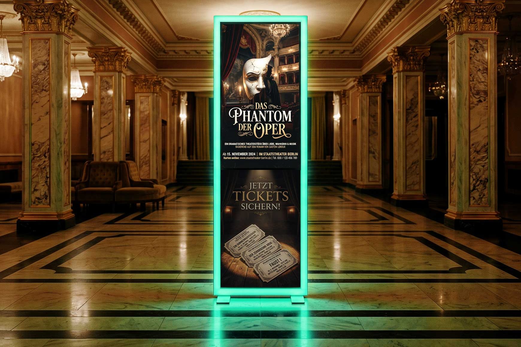 Ein beleuchteter Stehbanner bewirbt das Musical "Das Phantom der Oper".