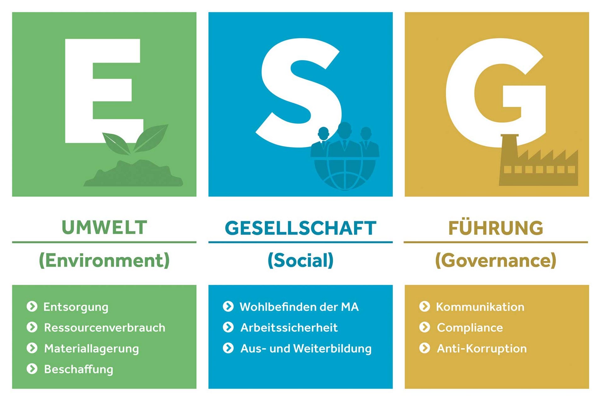 Drei farbige Felder mit den Buchstaben E, S und G sowie zugehörigen Themenbereichen.