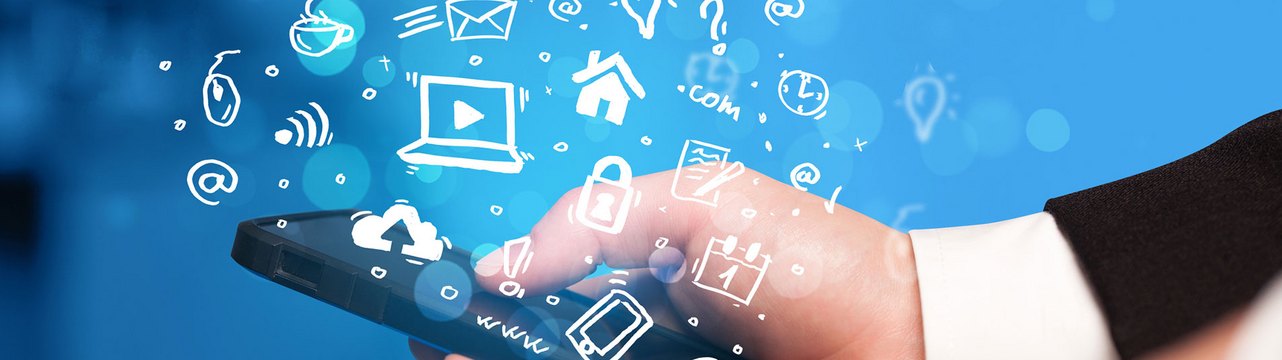 Ein Handy mit digitalen Symbolen für Kommunikation und Medien.