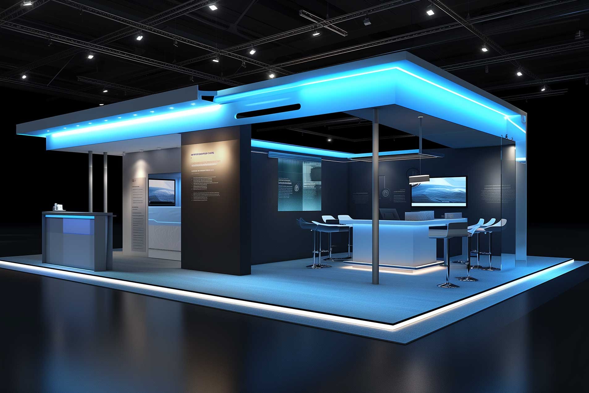 Mittels KI erstellter Messestand in Blauton gehalten und technisch im Look 