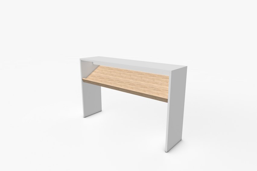 Ein Tisch mit einer Holzplatte.