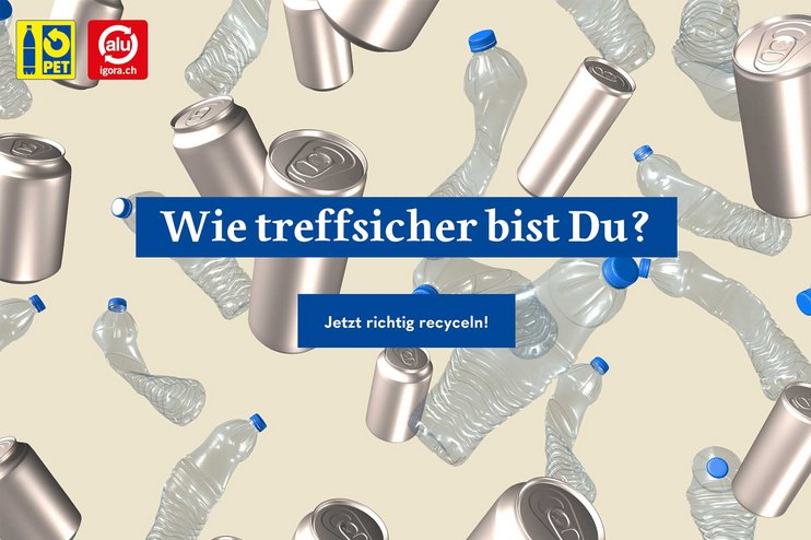 Recycling von PET-Flaschen und Aluminiumdosen wird beworben.