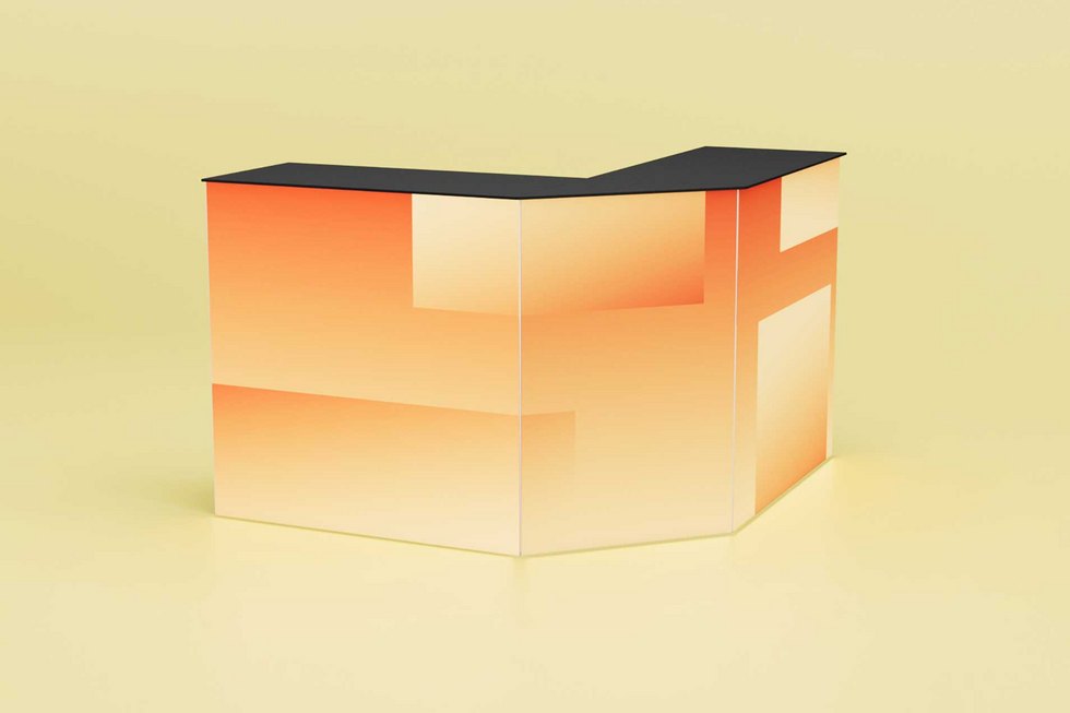 Ein U-förmiger Empfangstresen mit sanften Farbverläufen.