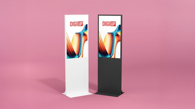 Zwei Aufsteller in Schwarz und Weiss mit grafischem Design und der Aufschrift "DIG UP".