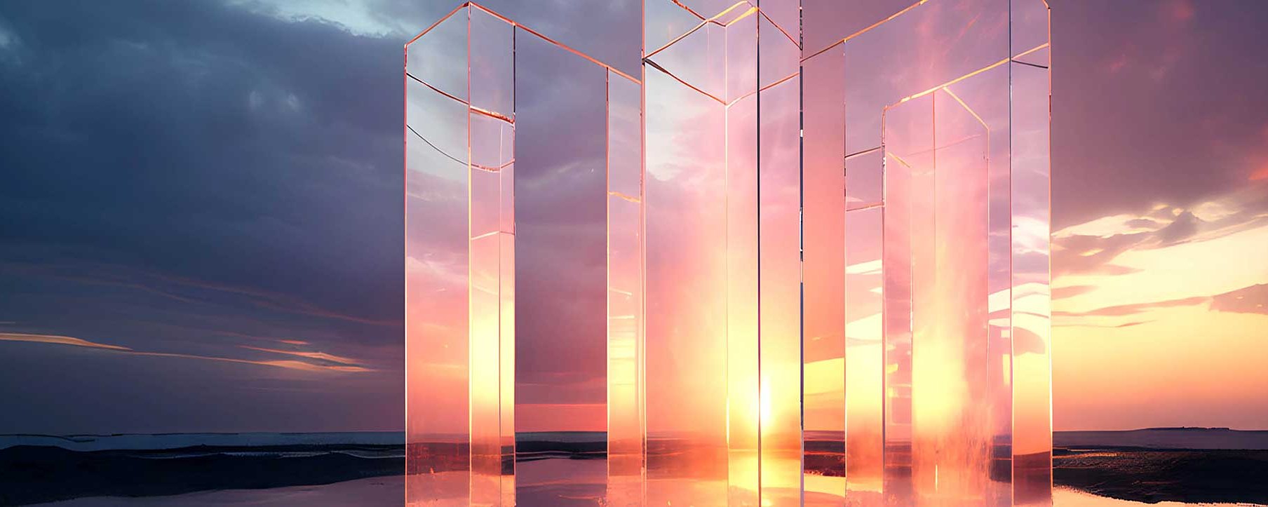 Transparente Säulen reflektieren das Licht eines Sonnenuntergangs.