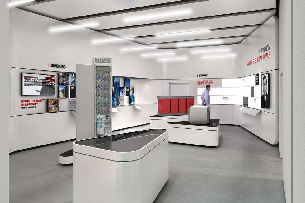 Modern gestalteter Messestand mit interaktiven Displays und Informationspaneelen