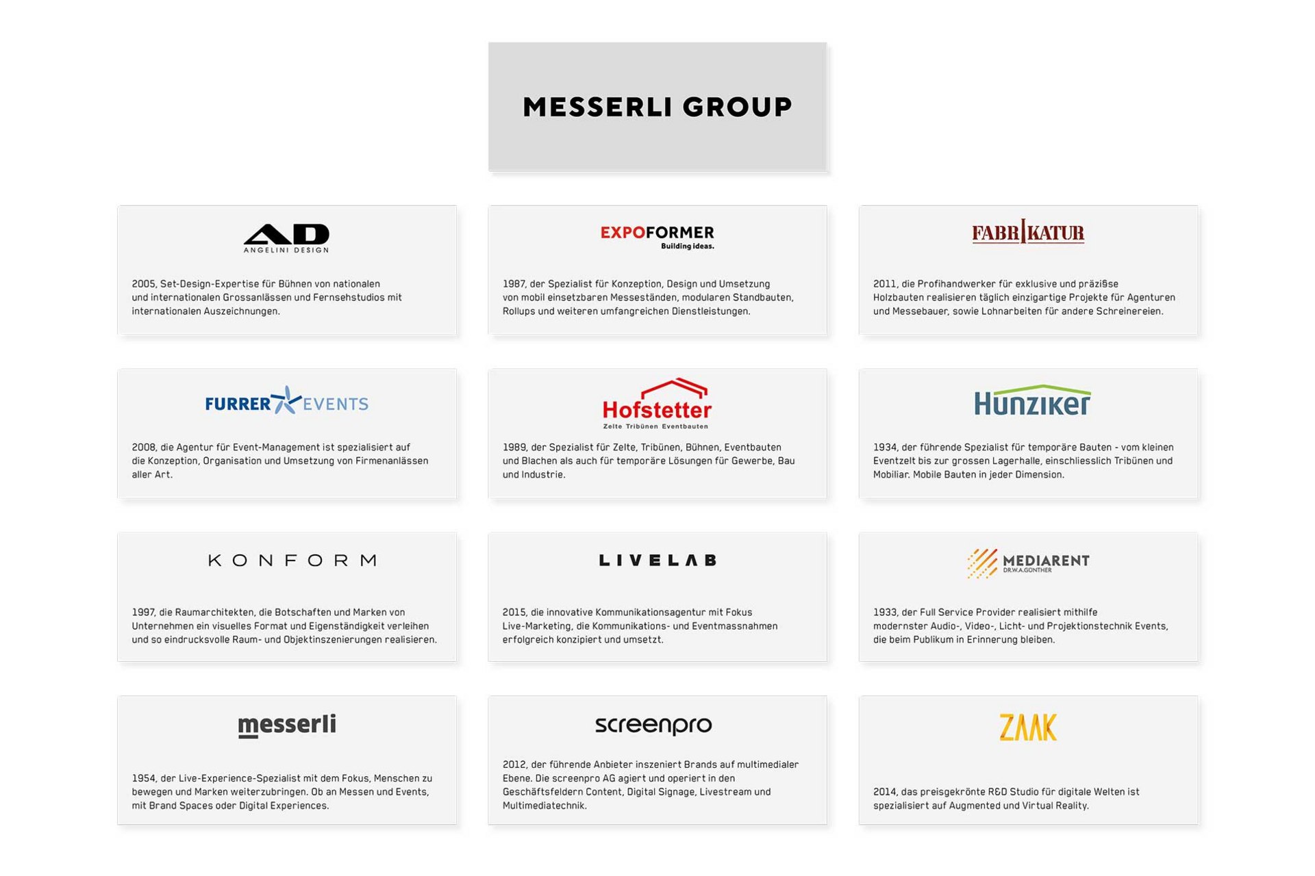 Messerli Group und deren Unternehmen mit Spezialisierungen auf Event-Management und Bau.