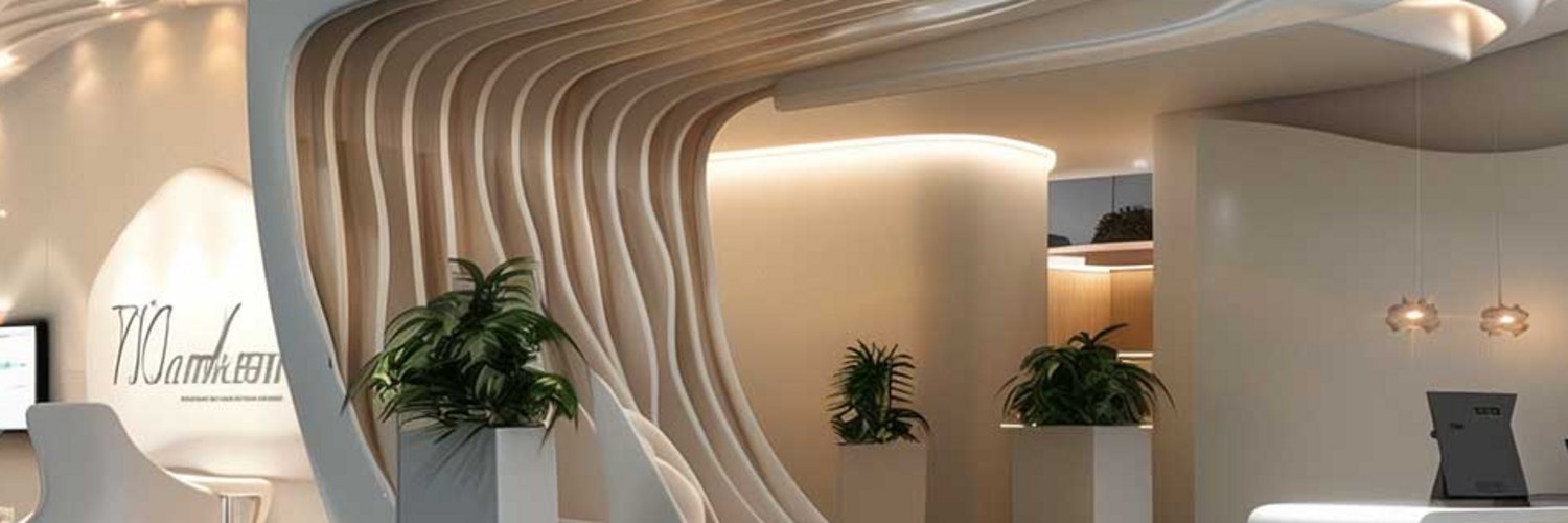 Modern gestalteter Messestand mit integrierter Beleuchtung und geschwungenen Formen