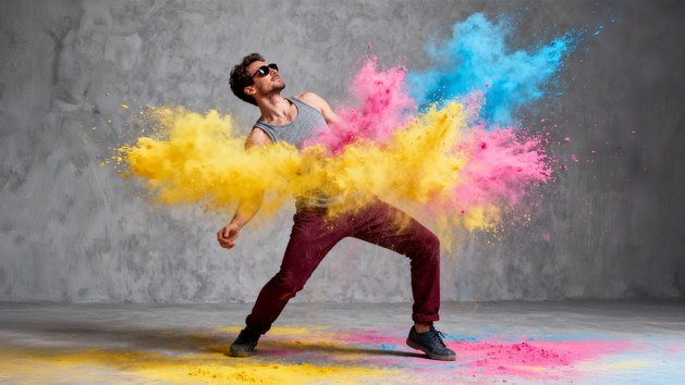 Ein Mann wirbelt bunte Farbpulver in der Luft.
