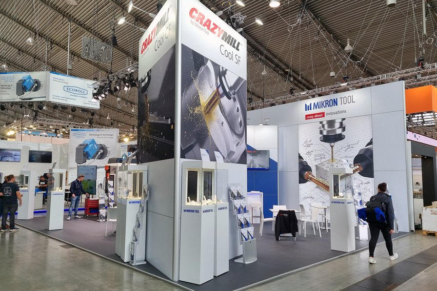 108 Quadratmeter Messeerlebnis der Mikron Tool Switzerland an der AMB 2024 in Stuttgart.