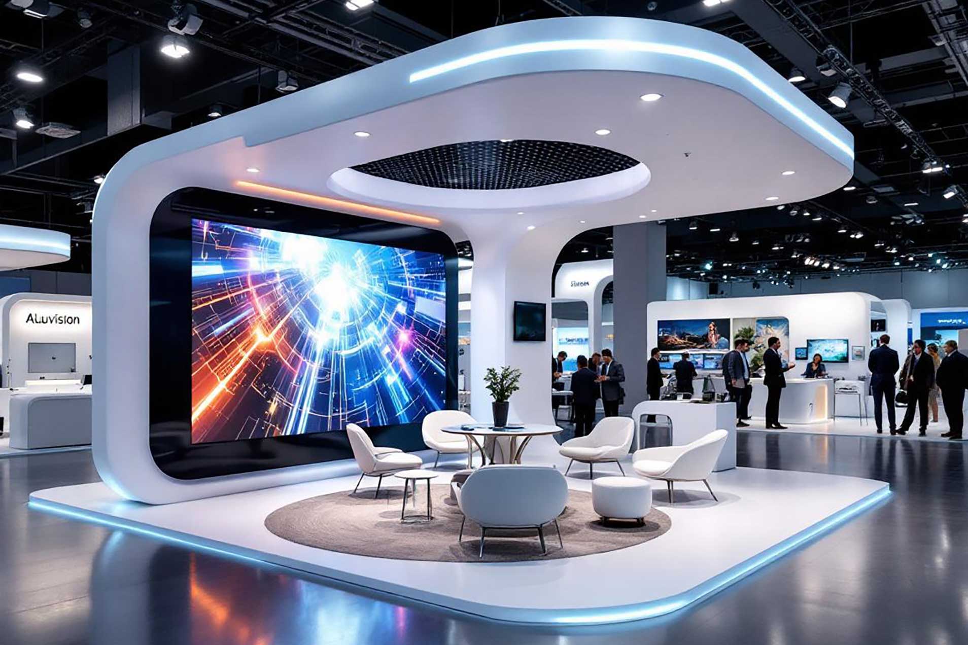 Ein moderner Messestand mit einem grossen Bildschirm und Sitzgelegenheiten.